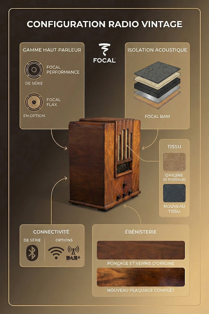 Infographie de configuration Radio Vintage moderne. Personnalisez votre radio ancienne avec les haut-parleurs Focal (Performance de série ou Flax en option), l'isolation acoustique Focal BAM, la connectivité (Bluetooth de série, Wi-Fi et DAB+ en option), et la restauration d'ébénisterie (ponçage ou nouveau plaquage) et du tissu.