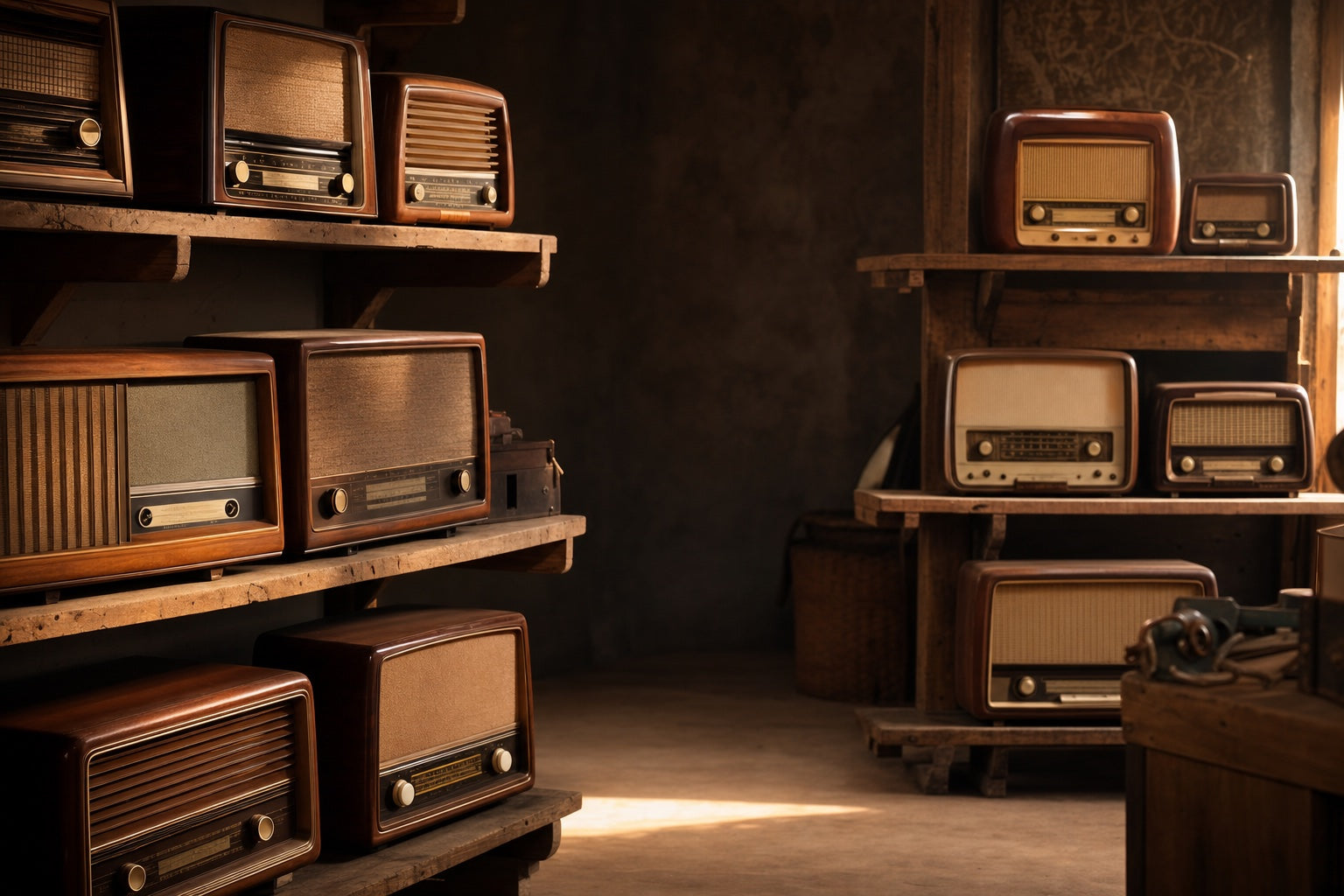 Déstockage A.bsolument - radios vintage restaurées sur étagères d'atelier