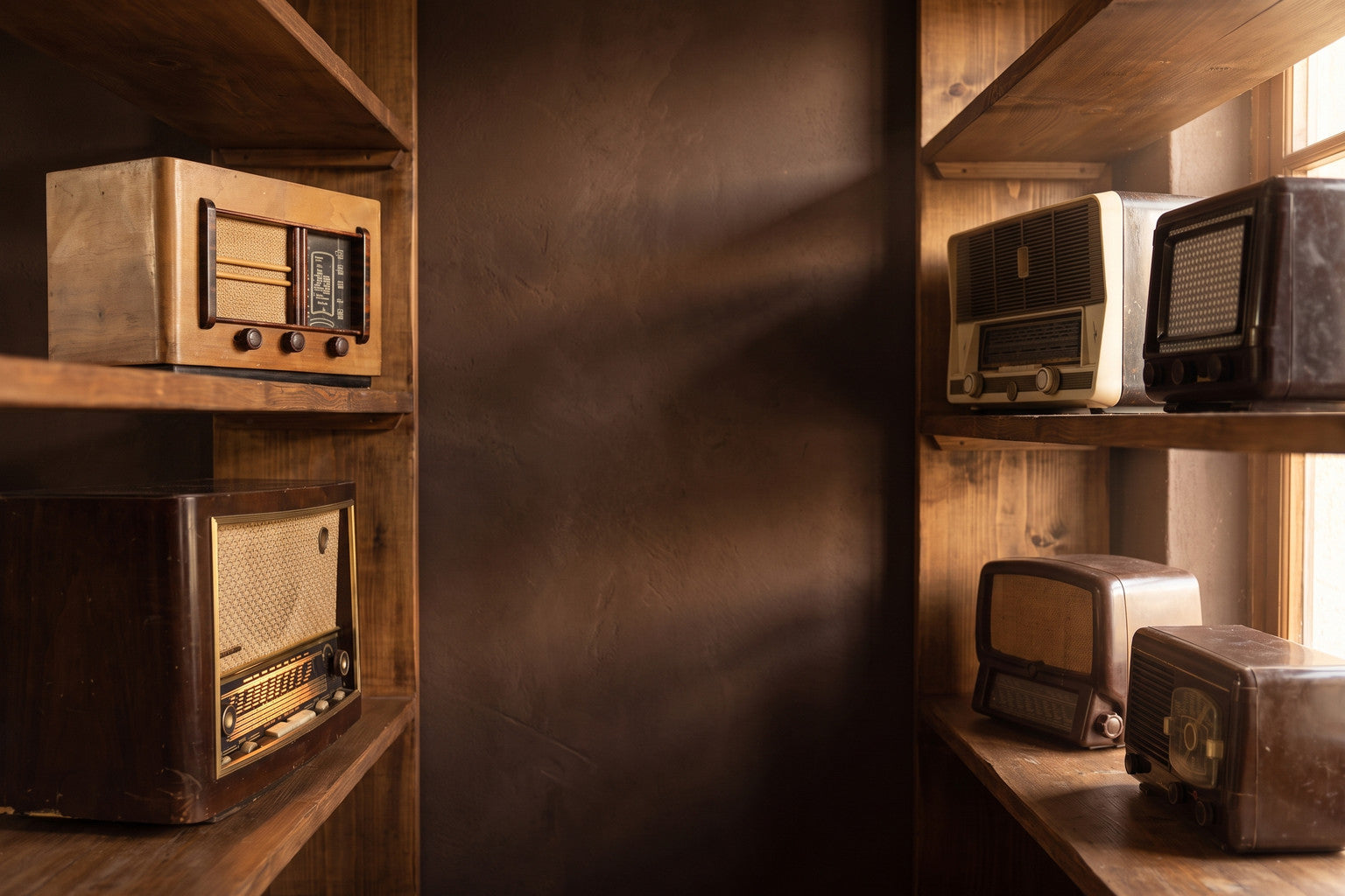 Radios vintage A.bsolument imparfaites sur des etageres d atelier - bannieres desktop
