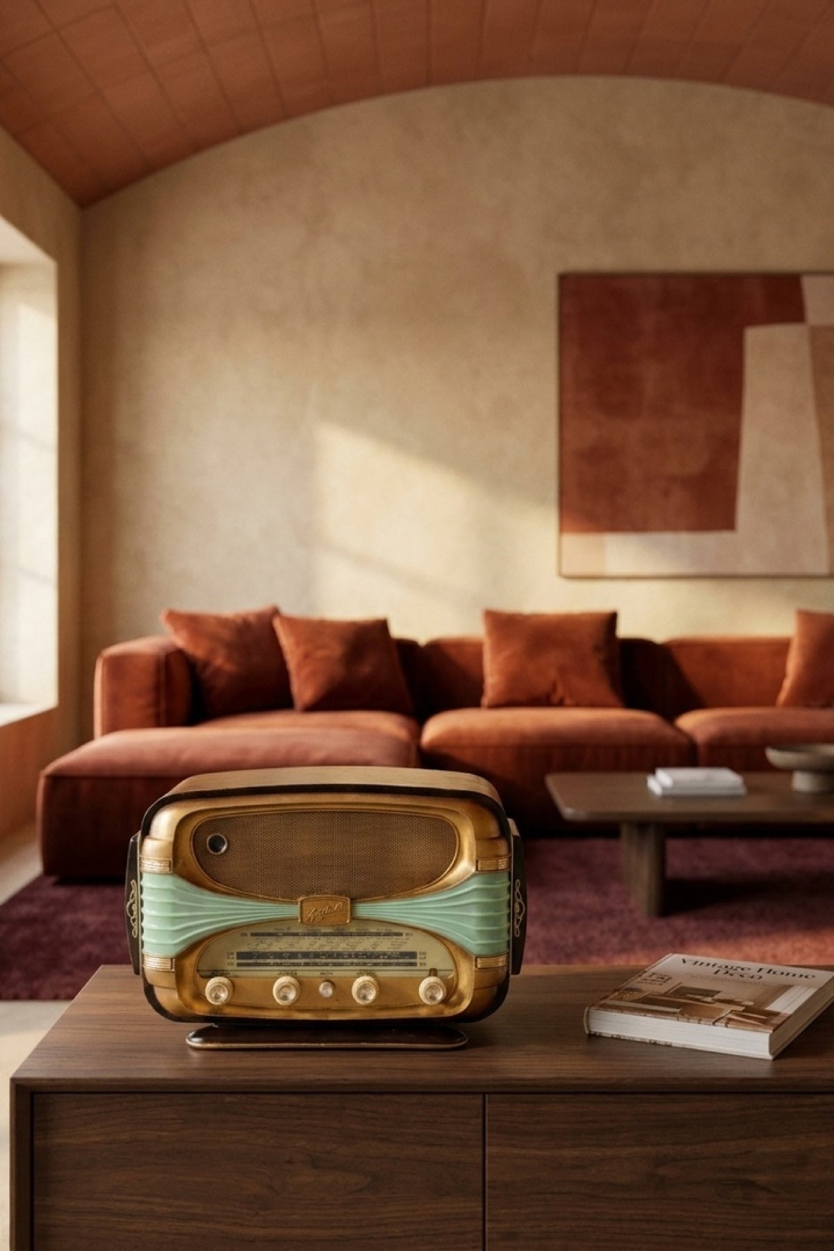 Radio Bluetooth Océanic Surcouf 1954 posée sur un buffet noyer dans un salon mid-century terracotta - A.bsolument