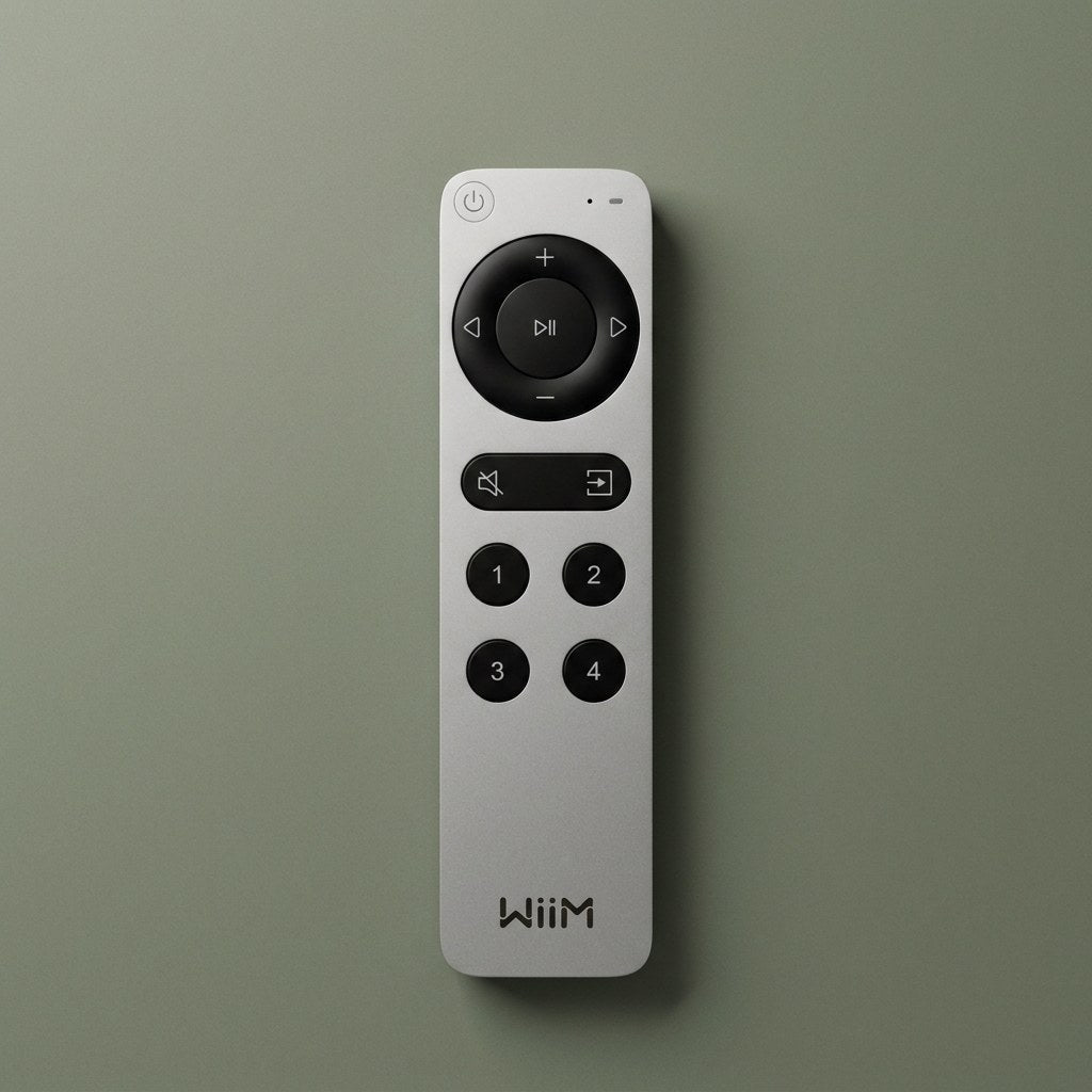 Télécommande WiiM Voice Remote 2 pour radio vintage, fond vert sauge