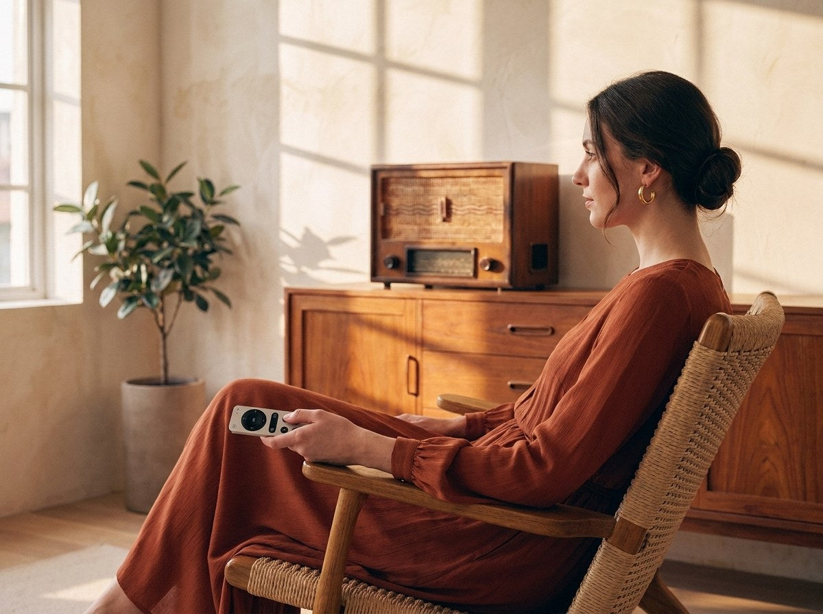Télécommande WiiM Voice Remote 2 en main dans un salon, radio vintage A.bsolument en fond
