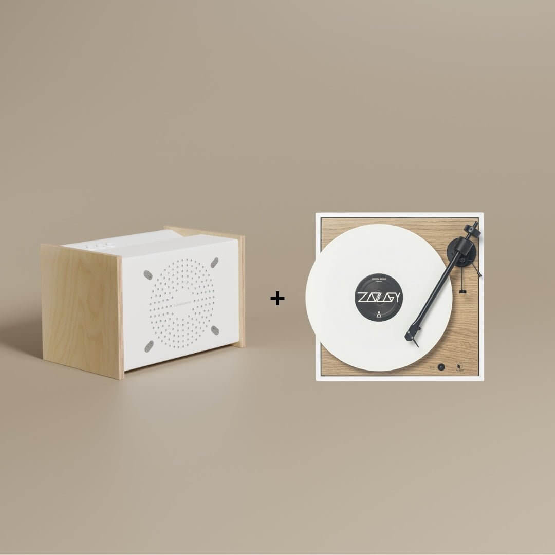 Le pack PRODIGE + platine Square (Blanc) enceinte connectée française haut de gamme prodige radio vintage