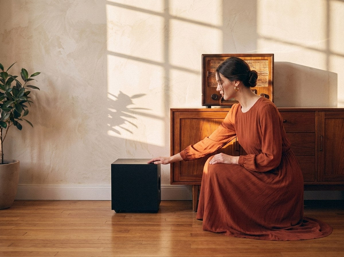 Subwoofer CUB EVO a terra accanto a una radio vintage modernizzata