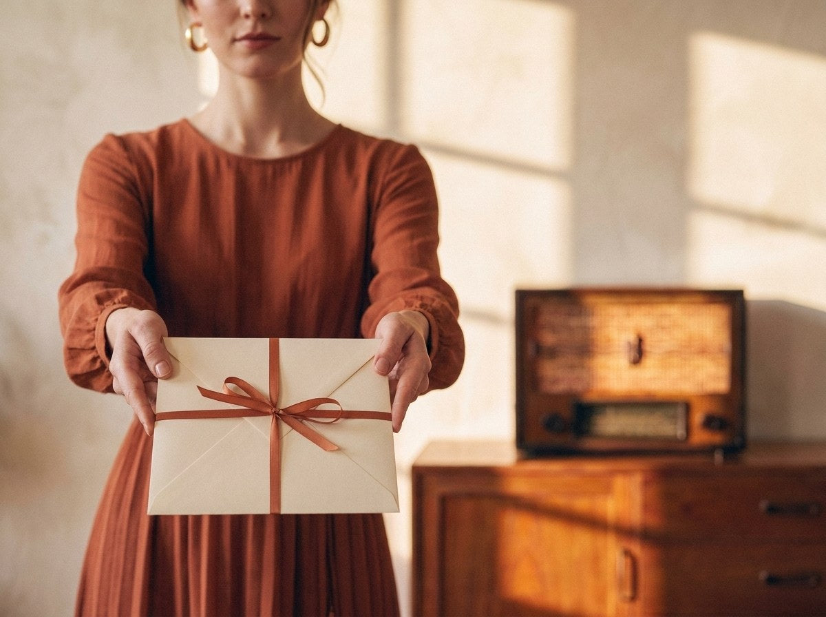Enveloppe cadeau offerte devant une radio vintage modernisée