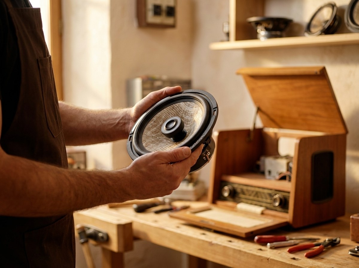 Altavoz Focal Flax en las manos de un artesano en el taller