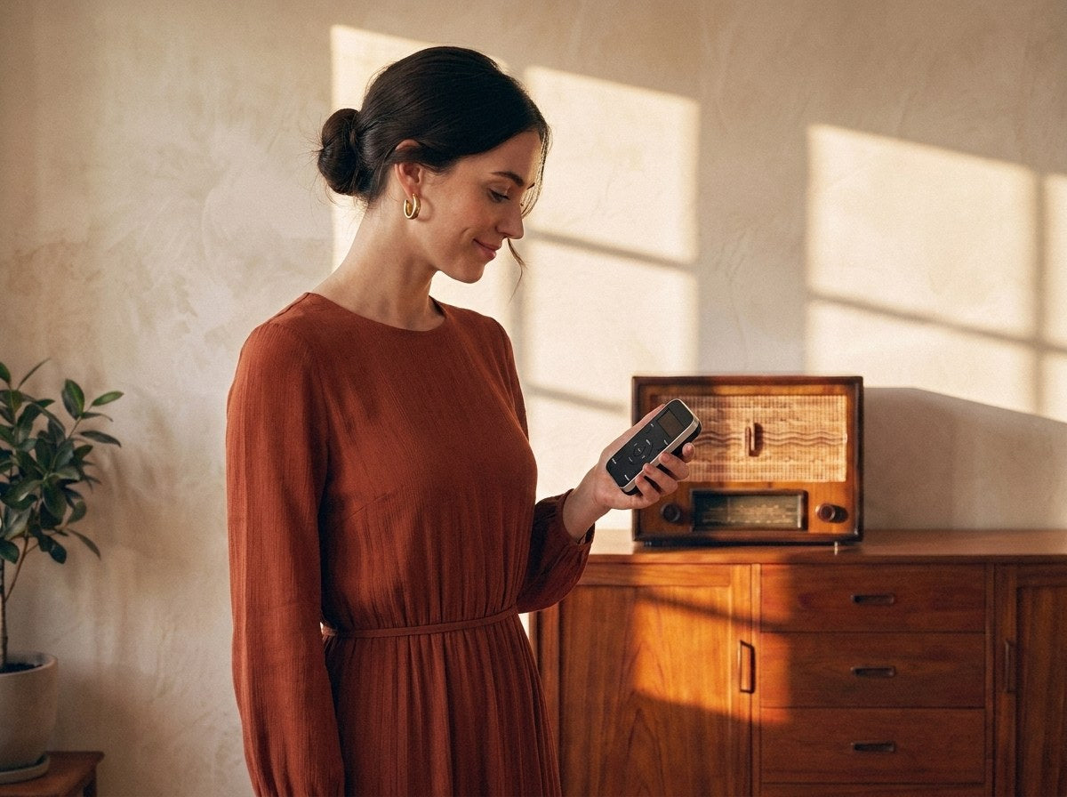 El módulo FM / DAB+ en la mano frente a una radio vintage modernizada
