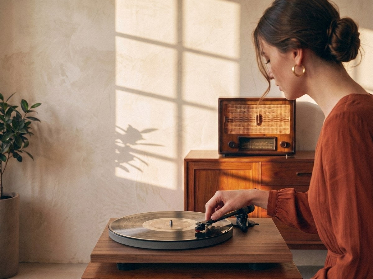 Brazo del tocadiscos sobre un vinilo, radio vintage al fondo