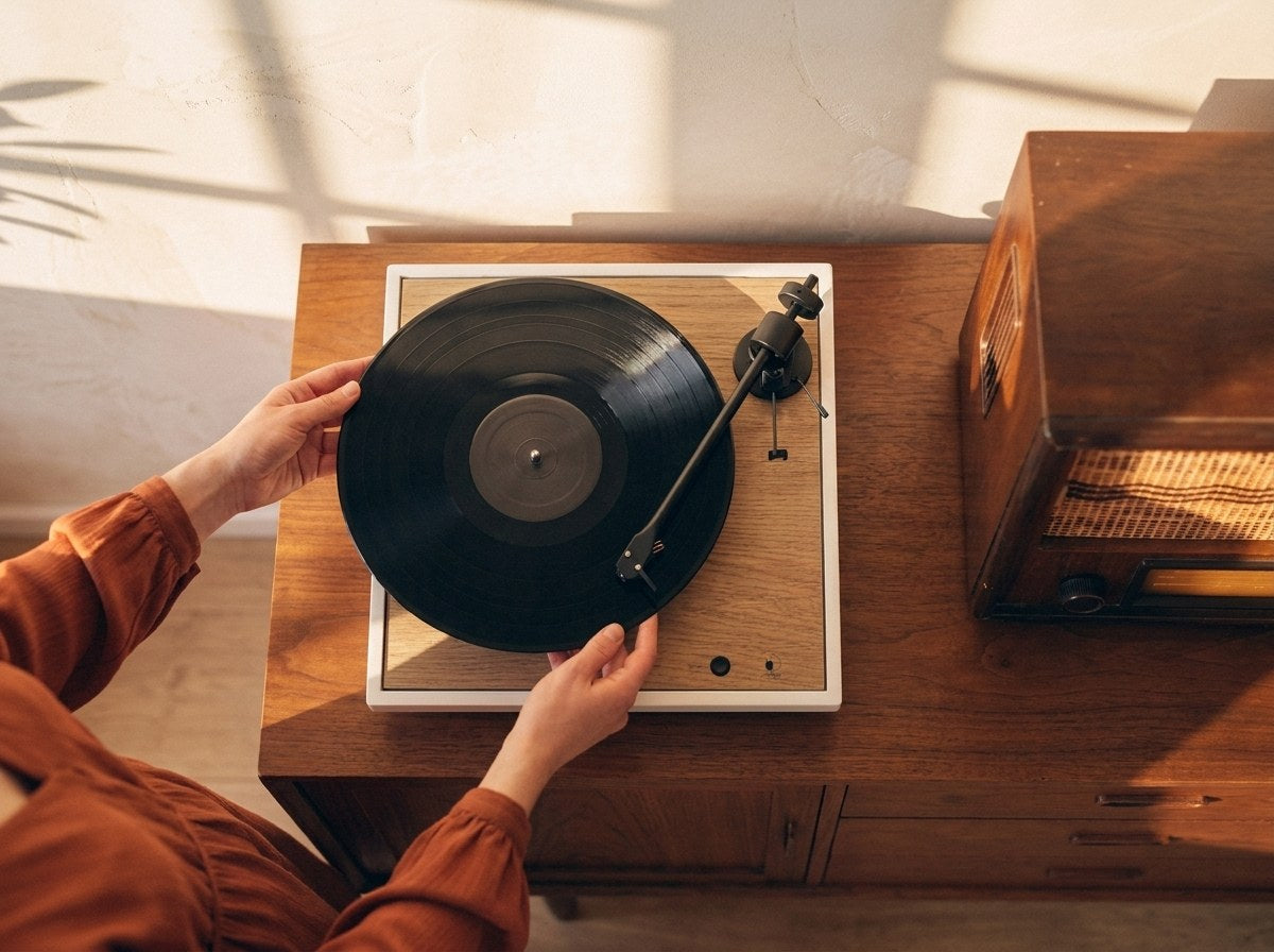 Hands lowering a record onto the Square turntable, vintage radio beside it on the sideboard