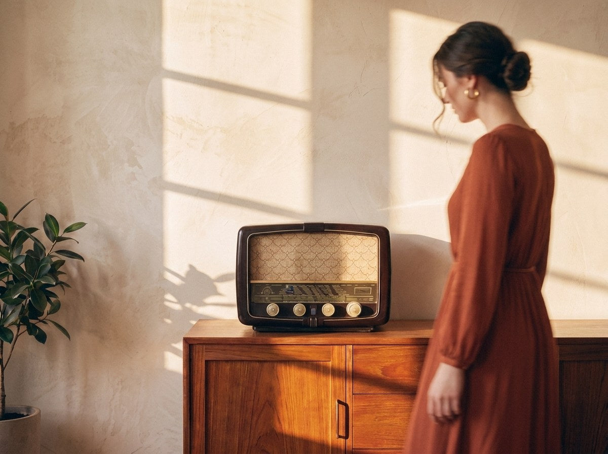 Radio vintage in un soggiorno, aspetto interamente originale